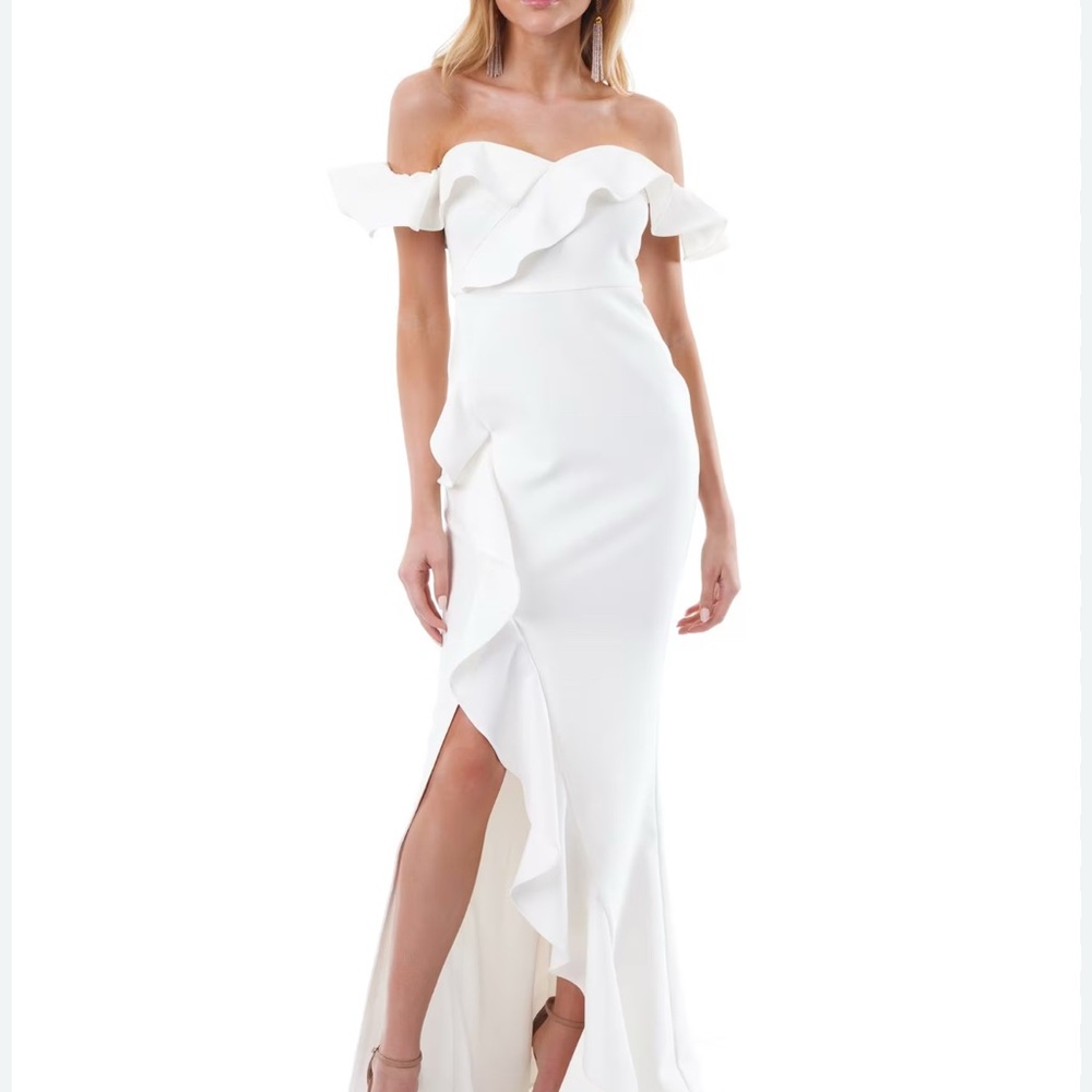 Likely Cream Ruffled One Shoulder Gown